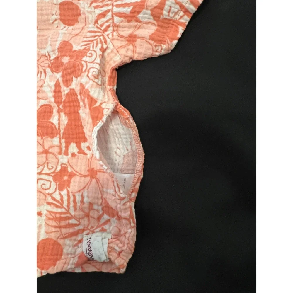 Disney Moana 2 Girls Orange‎ Tropical Floral Cotton Gauze Button Shirt L 10/12